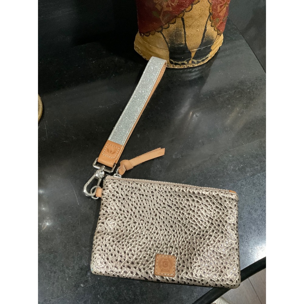 Consuela Metallic Silver Textured Leather Wristlet Pouch Glitter Strap PM'22
